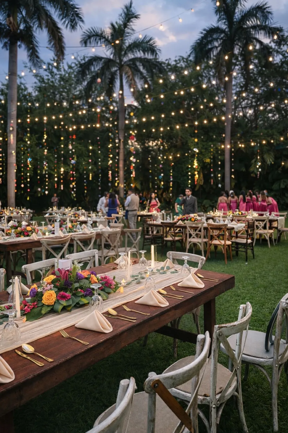 Montaje de boda al aire libre con mesas, luces y palmeras en Rancho Ixtla