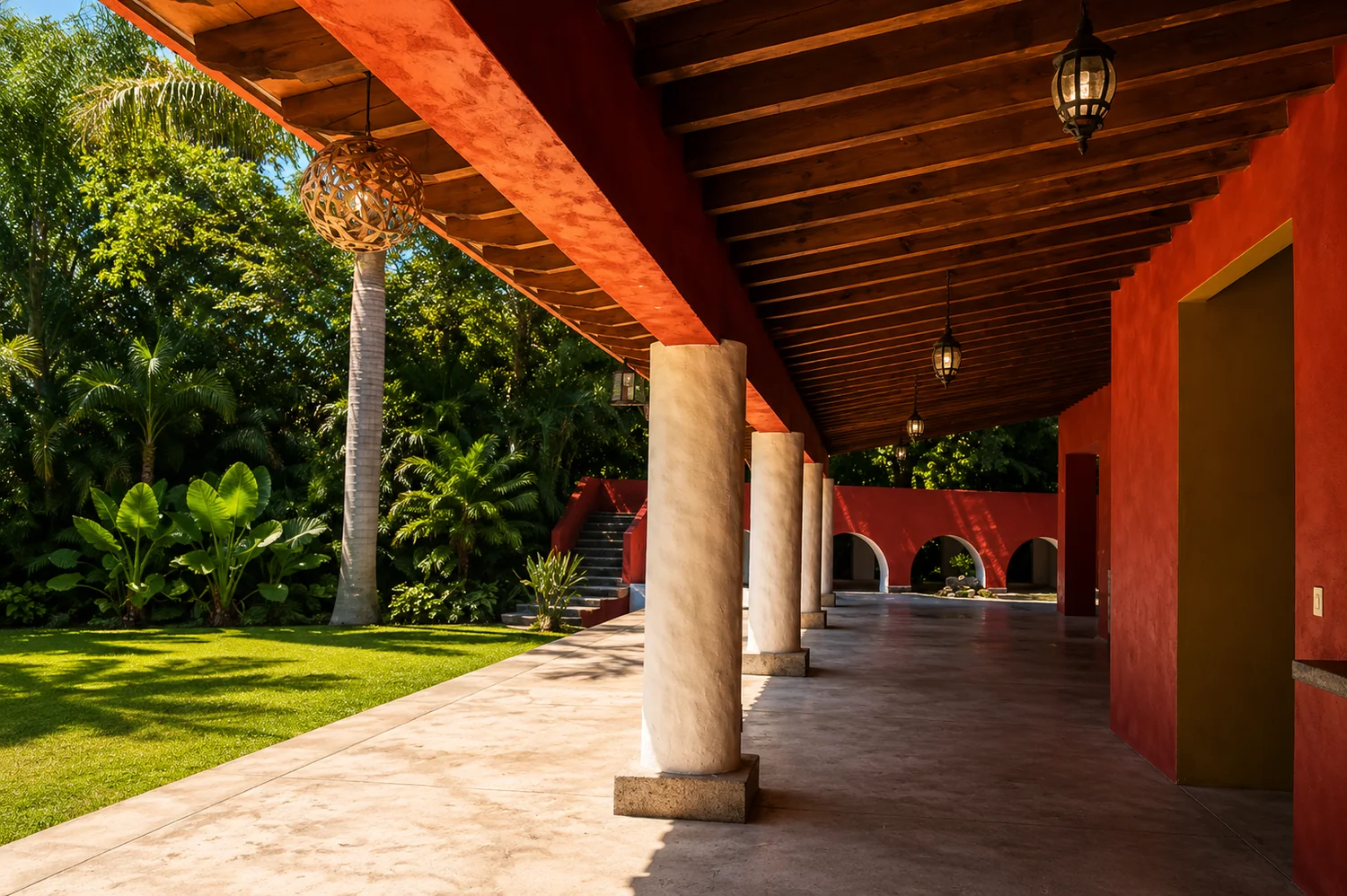 Pasillo con columnas, arquitectura terracota y jardines tropicales