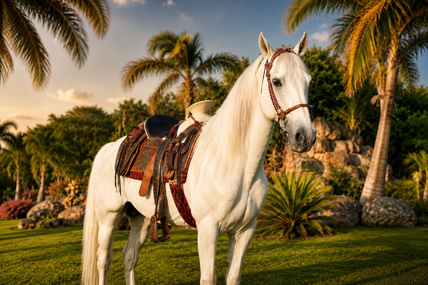 Caballo blanco en jardines tropicales de Rancho Ixtla Las Palmas